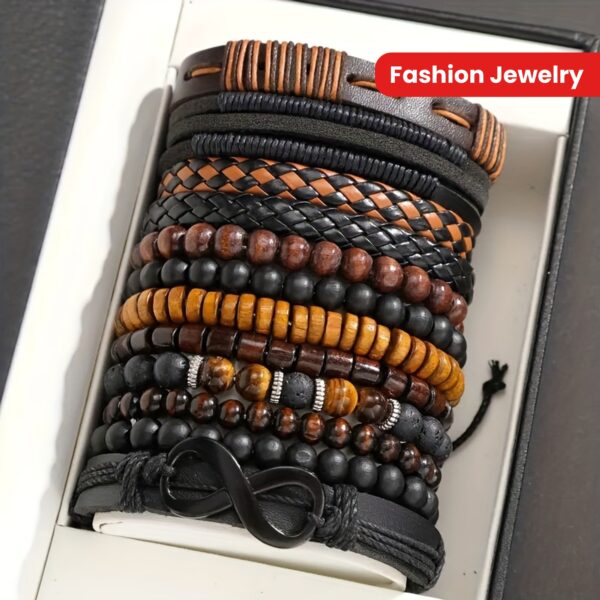 [Boho Men's Bracelets] 12-Pack Boho Style Men's Bracelets | Vintage Tiger Eye & Moonstone Beads, Braided Leather & Synthetic Fiber Cord, Fashion Jewelry for Casual & Party Wear