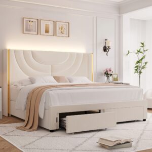 FULTRU Full/Queen/King Upholstered LED Bed Frame with 2 Storage Drawers - Velvet Platform Bed with Wingback Headboard, Solid Wooden Slats Support, No Box Spring Needed, Headboard Splicing Design - For Adults - Suitable for Bedroom - Perfect Gift for Housewarming