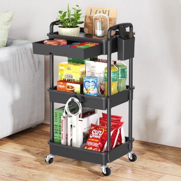 3/ 4 Tiers Durable Plastic Rolling Cart- Multi-Functional Storage Trolley with Drawers and Lockable Wheels - Ideal for Kitchen, Bathroom, Office, and Living Room - Includes Practical Accessories like Cup Holders and Hooks - Easy Assembly Storage Cart