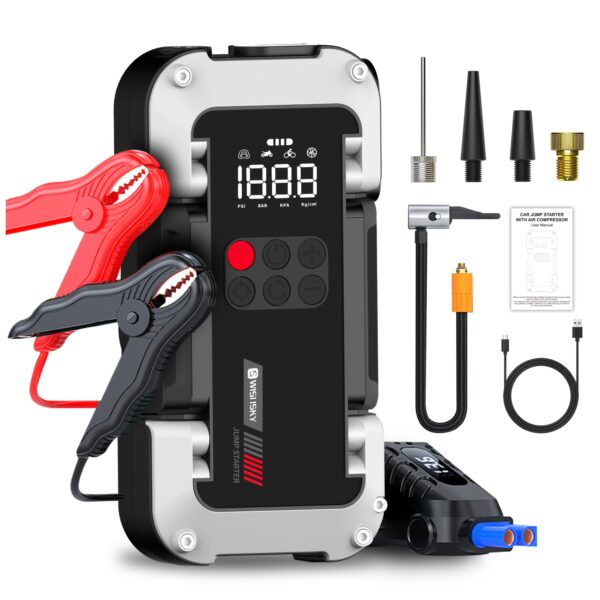 9000A Emergency Jump Starter, Air Compressor/Tire Inflator, Smart Digital Display Clamps, 12V Car Emergency Starter ( All Gasoline Vehicles/3.7 Gallon Diesel Engines), 12-in-1 Portable Emergency Jump Starter, Power Bank, Vehicle-Mounted Emergency