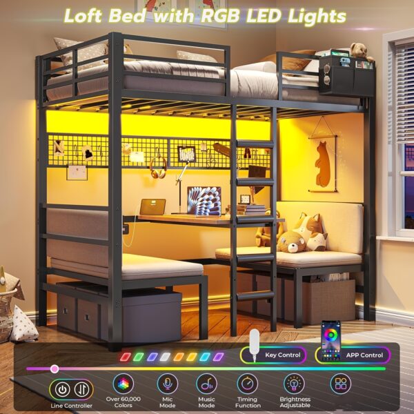Space-Saving Heavy-Duty Metal Loft Bed with Convertible Desk & Built-In Charging Station (2 USB/2 AC), APP/Key-Controlled RGB LED Lights, Safety Guardrails - Twin Over Twin Bunk Bed for Adults, Teens, Dorms, Small Rooms - No Wood Components, Easy Assembly, Dorm Room Furniture, Contemporary Bedroom Furniture, Safetyenhanced Design