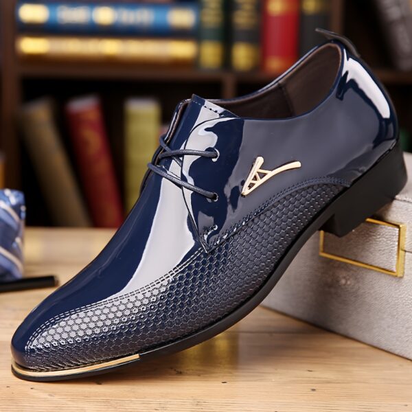 02a70fce-5a37-4727-8f3c-a377904f08f4.jpg Men's Navy Blue Formal Dress Shoes with Golden Accents - Glossy & Mesh Design, Lace-Up Low Tops for Parties, Casual & Outdoor Wear