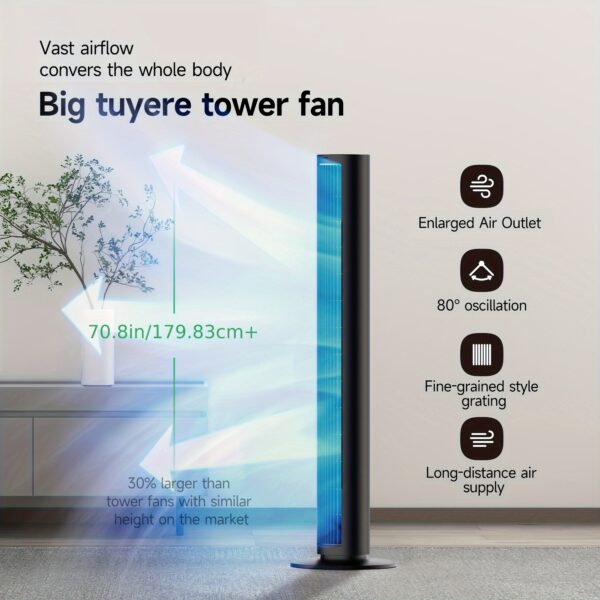 Tower Fan for Home, 80° Oscillating Silent Bladeless Floor Fan with Remote, 4 Speeds, 40in Multiple Modes, 7-Hour Timer, LED Display Screen, Vertical Fan for Home, Living Room, Office, Black
