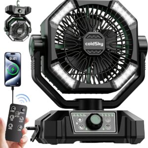 20000mAh Camping Fan With Dual Motor, Battery Operated Fan With 4 LED Lantern, 8 Speeds Desk Fan With Remote, Portable Outdoor Fan With Hook For Tent, Power Outages, Jobsite