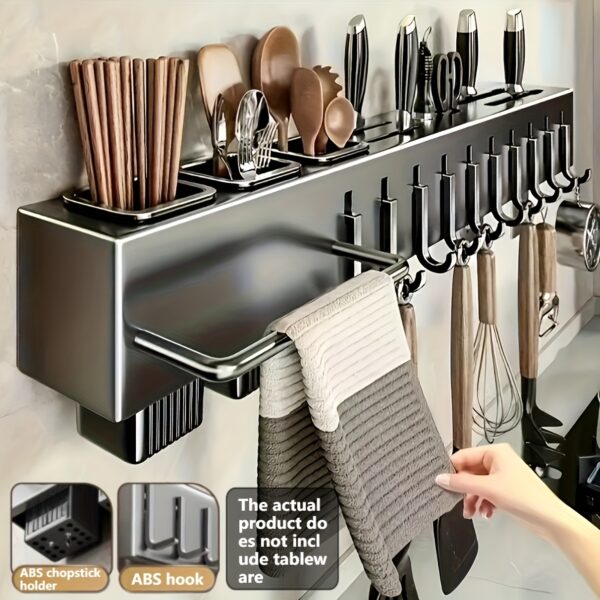 High-Quality Carbon Steel Kitchen Utensil Storage Rack + ABS resin Hooks, Wall-Mounted No-Drill Organizer, Easy and Sturdy Installation, Suitable for Home Use, Holds Knives, Forks, Chopsticks, Spoons, Scissors, Napkins, Cutlery, etc., Suitable for Household and Commercial Kitchens. Available in 4 to 10 ABS resin Hooks