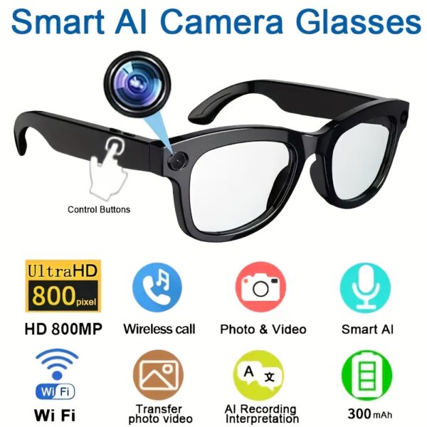 030f410a-0138-46bf-9b4f-d6c1f4675fd3.jpg Smart Camera Glasses with 8MP Ultra-Wide Camera HD 1080P, Blue Light Blocking, AI Voice Control, 4H Playtime, Wi-Fi/Bluetooth 5.4 for HD Video & Immersive Audio, Immersive Audio Experience, Hands-Free Video Calling, Blue Light Blocking Glasses, Minimalist Smart Accessory, Tech-Integrated Eyewear, Premium Optical Build, Durable Tech Accessory, Tech Enthusi