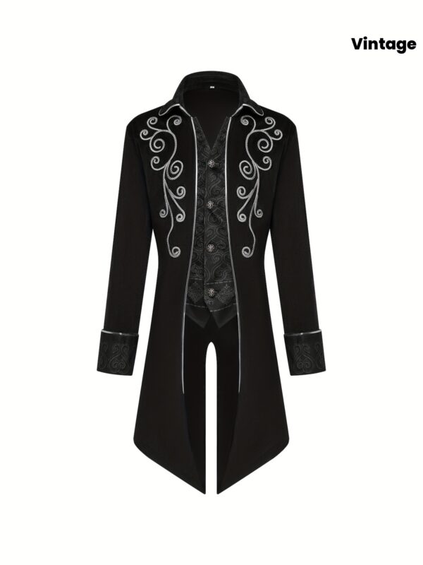 1pc Steampunk Vintage Tailcoat Coat for Men - Medieval Gothic Velvet Embroidery, Black with Intricate Patterns, Perfect for Victorian Frock Uniforms, Dancing Parties, and Halloween