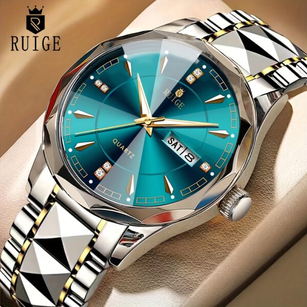 RUIGE Men'S Luxury Quartz Watch with Night Light, Dual Calendar (Day/Date), -Accented Bezel & Green Dial - Elegant Business Casual Watch for Men, Battery-Powered Analog Watch with Easy-Read Hands, Ideal Gift for Father'S Day, Graduation, Back to School - Durable Casual Attire, Stylish Wristwatch, Modern Timepiece, Precision Timekeeping, Highquality Materials, Date And Day Display, Professional Watch, Corporate Employees, Ramadan Gifts