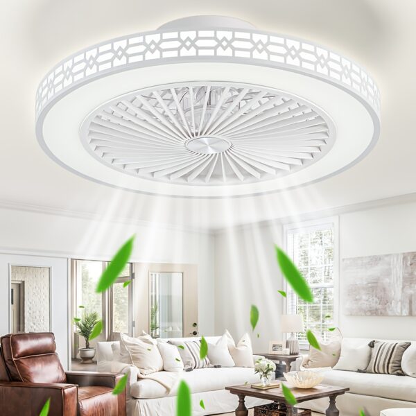 20"Flush Mount Ceiling Fan with Lights Bladeless Ceiling Fan Low Profile Ceiling Fan Reversible Dimmable Quiet Ceiling Fans, LED Stepless Dimming 3 Color Temperature Change And 4 Speeds for Bedroom Living Room