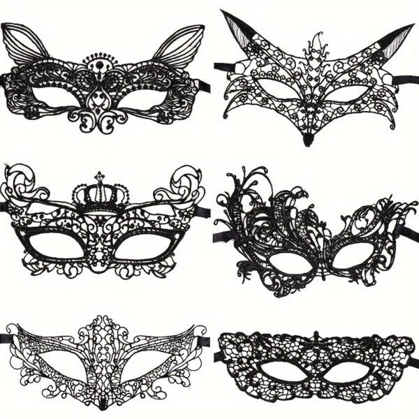 6pcs of Lace Masks Carnival Makeup Party Venice Eye Mask Halloween Sexy Ladies Lace Masks Suitable for Makeup Party Carnival Party Costumes Ball, Black Suitable for Men And Women.
