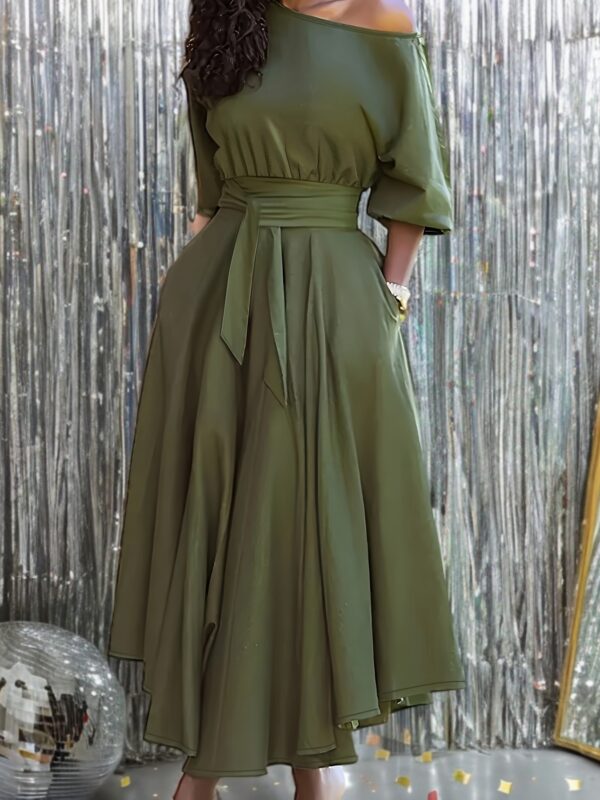 [Casual Midi Dress] Autumn Fashion Polyester Blend Off-Shoulder Midi Dress with Pockets | Casual Solid Color, Asymmetrical Hem, Half Sleeve, Smooth Fabric for Women