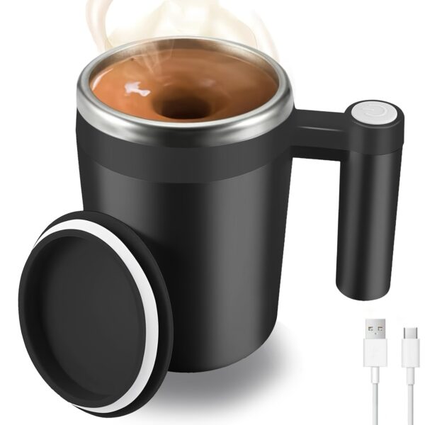 Self Stirring Coffee Mug, Rechargeable Automatic Magnetic Stirring Mug, Rotatable Stainless Steel Electric Mixing Cup with Lid for Coffee Cocoa Powder