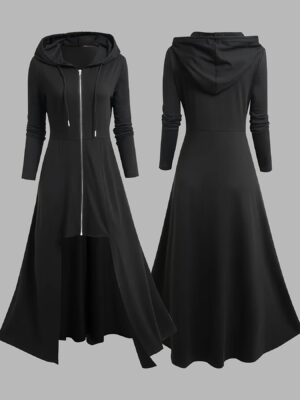 Plus Size, Women's Plus Size Hooded Zip-Up Coat - Long Sleeve Winter Parka with Full Zipper Front, Elegant Loose Fit Maxi Dress-like Silhouette, Machine Washable Outerwear for Cold Weather, Parties, Formal Events & Everyday Use - Non-See-Through Fabric, Party Wear, Durable Construction, Stylish Women