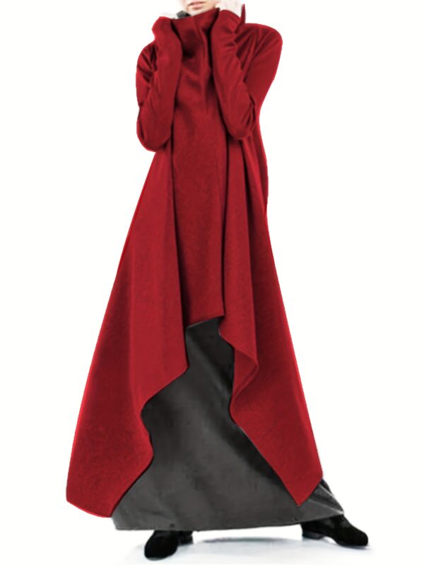 Plus Size, 2025 Spring & Autumn Women's Plus-Size High Neck Pile Collar Loose Fit Longline Sweatshirt - Red with Black Accents, Ruched Hem & Cuffs, Non-Stretch Casual Streetwear for Fall/Winter