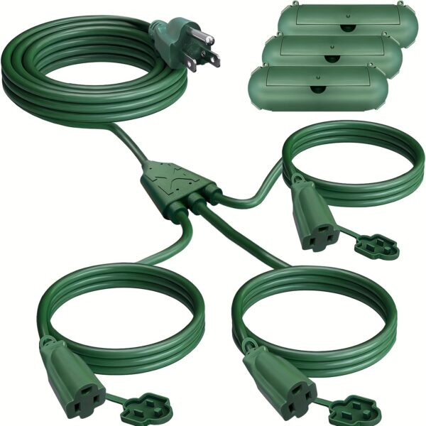 07a49e68-7304-4295-9738-613c509573d0.jpg Heavy-Duty Extension Cord Splitter with 3 Outlets - 13ft/28ft/38ft (25ft/40ft/50ft Total) - 16/3 SJTW Wire, 3 Covers for Indoor/Outdoor Use - Ideal for Holiday Decorations, Christmas Lights, Power Strips - Green, Indoor Outdoor Power, Versatile Outlet Design, Durable Cable Construction, Home Wiring, Reinforced Wiring, DIY Enthusiasts