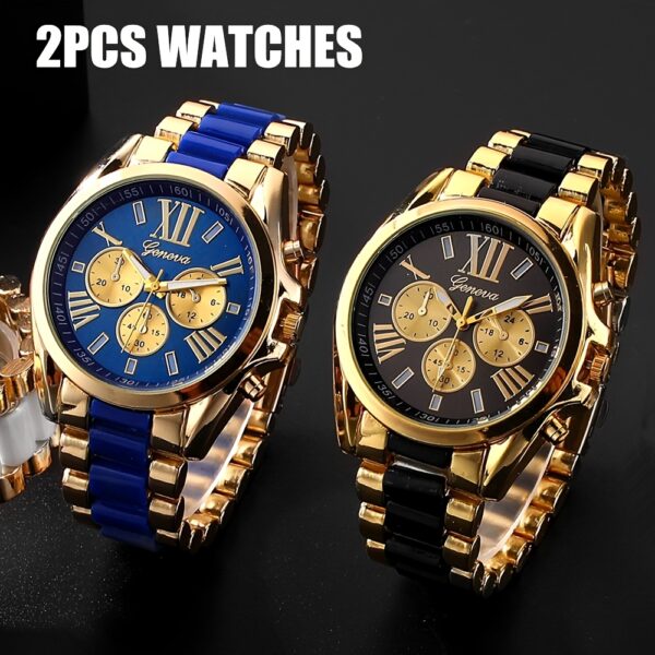 2pcs/Set Men's Luxury Golden-Tone Retro Quartz Watch Roman Numerals - Elegant Casual Watches 2pcs (black + Blue), Classic Round Case for Casual & Formal Wear, Formal Wristwatch | Luxury Men's Clock