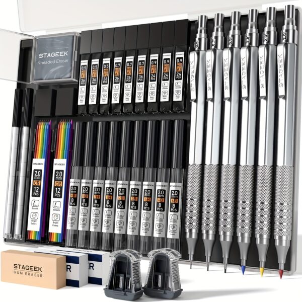 35pcs Art Mechanical Pencil Set With Case, 0.5 0.7 0.9 2.0 Graphite Metal Drawing Drafting Pencils, Sharpener Erasers 384pcs Lead Refills (6B 4B 2B HB 2H 4H Colors)Pencils For Writing Sketching