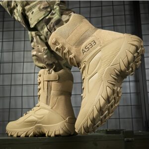 [Tactical Hiking Boots] Men's Tactical Hiking Boots - Heavy-Duty All-Terrain, Anti-Slip Shock-Absorbing Rubber Sole, Breathable High-Ankle Boots for Military, Camping, Running, Jogging - Beige Outdoor Boots (All-Season Use), Durable Fabric Upper, Reinforced Stitching, Ergonomic Boot Design, Hiking Gear, Camping Footwear, Military Footwear, Rugged Footwear, Active Lifestyle