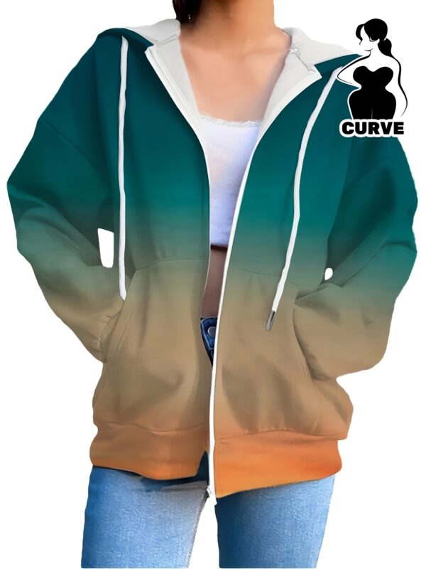 Women's Plus Size Casual Hooded Zip-Up Jacket - 100% Polyester Ombré Knit Fabric Coat with Slight Stretch for Spring/Fall