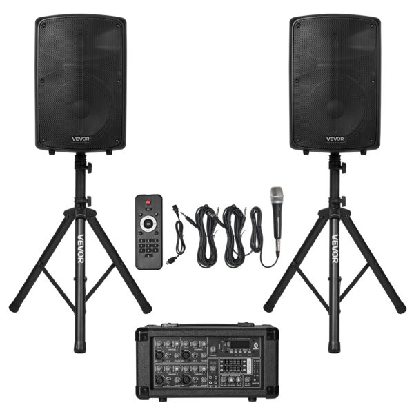 VEVOR 2 X 10 in Speakers PA System 800W Mixer Wireless Bluetooth Mic for DJ Party