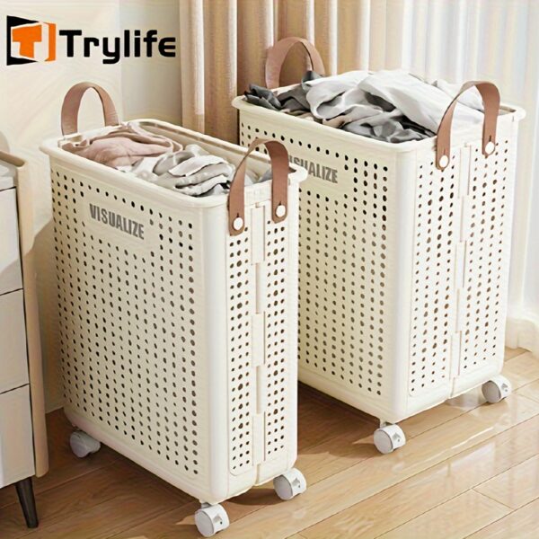 12/17/20Gal Large Foldable Laundry Basket With Wheels, Faux Leather Hamper Without Lid, Hand Washable Storage For Bathroom Bedroom (Multiple Sizes Avaiable), Laundry Baskets