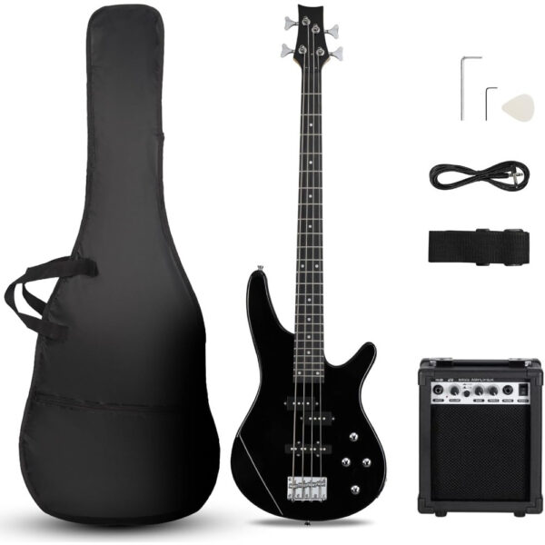 Full Setup Electric Bass Guitar with 20W Amp - 4-String Electric Bass Guitar, PJ Dual Pickups, Passive Electronics w/ Volume/Tone Controls, Includes Gig Bag, Strap, Cable - for Beginners/Professionals - Black (No Assembly Required), Studio Recording, Modern Aesthetic, Durable Construction, Amplified Setup, Beginner Musicians