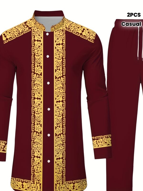2pcs Men's Long Sleeve Shirt and Pants Set, African Ethnic Style Casual Outdoor Home Wear Robe Outfit
