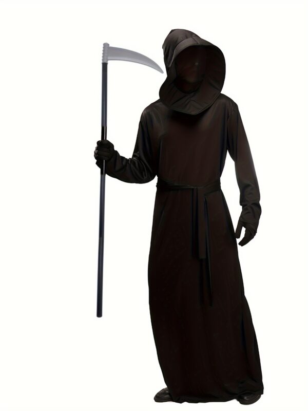 0b864122-ae07-4cbc-9f27-2c994a45e2d6.jpg Adult Men's Halloween Party Wear, Solid Black Scary Grim Reaper Costume With Hooded Cloak, Gloves, Scythe Prop