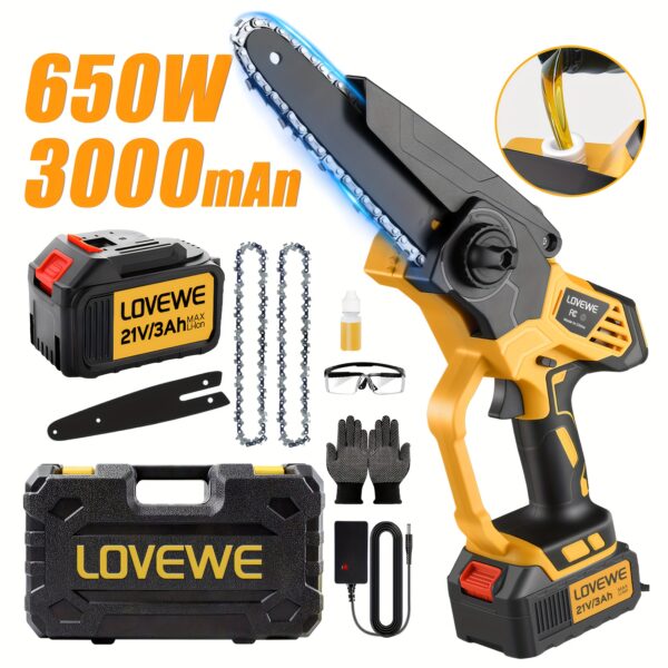 Mini Chainsaw Cordless, 6 Inch Handheld Electric Chain Saw with 3.0Ah Battery, 23ft/S Speed-Automatic Chain Tensioning & Auto Oiler for Tree Branches, Courtyard, Household, Garden, Ideal Gift for Men, Husband, Dad
