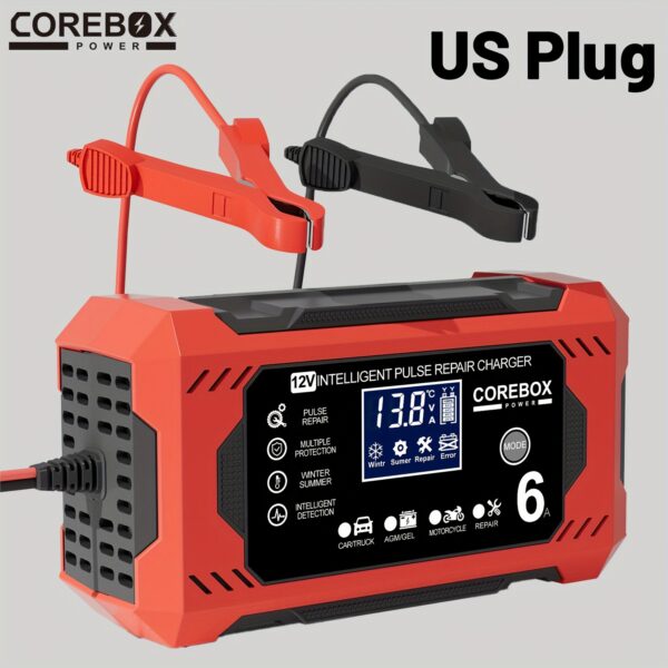 COREBOX 12V 6A Smart Battery Charger & Maintainer with LCD Display - US Plug, 110-130V Power Supply, for Car, Truck, Motorcycle, Lawn Mower, Marine Lead Acid Batteries, Trickle Charge & Desulfator, Battery Charger for Vehicles, Without Battery