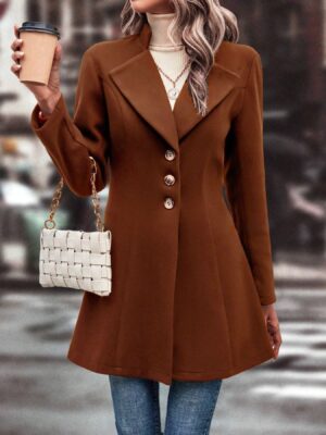 Elegant Double-Breasted Tweed Coat for Women - Chic & Warm, Rusty Brown with Contrasting Trim, Long Sleeves with Pockets, Perfect for Fall/Winter, Machine Washable