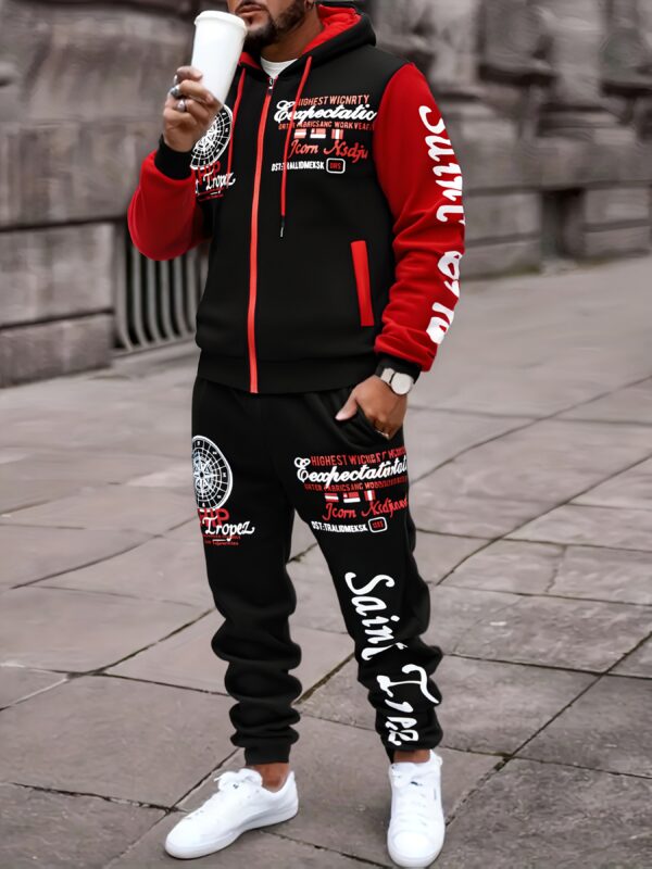 [Bold Print Hoodie] Black & Red Polyester Bold Print Urban Streetwear Pullover Hoodie & Pants Set | Men's Long Sleeve Regular Fit Saint Design, Spring/Fall Casual Wear, Casual Streetwear Outfit, Stretchy Fabric