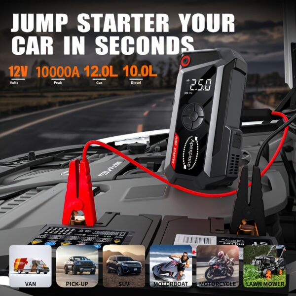 Portable Car Battery Jump Starter, A Car Battery Booster with USB Charging Port, LED Lighting, Battery Pack with Digital Tire Inflator, Portable Car Jump Starter Suitable for All Gasoline Or Diesel Vehicles, And An Excellent Gift for Drivers.