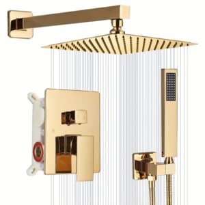 Golden Shower System, 12-Inch Square Rain Shower Head With Handheld Spray Combo, Brushed Golden Shower Faucet Set With Valve And Shower Trim Kit, Wall Mounted Bathroom Golden Shower Head System