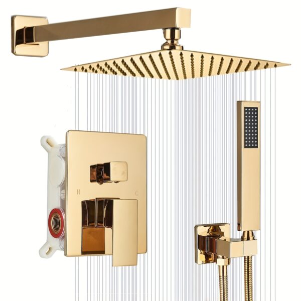 Golden Shower System, 12-Inch Square Rain Shower Head With Handheld Spray Combo, Brushed Golden Shower Faucet Set With Valve And Shower Trim Kit, Wall Mounted Bathroom Golden Shower Head System