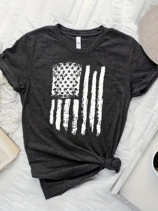 Plus Size - Women'S Plus Size Patriotic American Flag Print T-Shirt, Casual Round Neck Short Sleeve Top, Soft Blend, Black with White Distressed Design, Machine Washable, American Flag Clothing