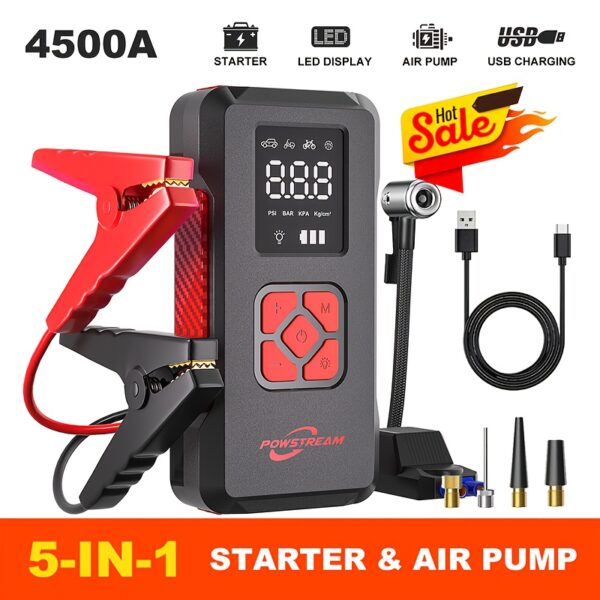 6000A Peak Portable Car Jump Starter With Air Compressor, Battery Booster Charger With Power Bank For 12V(8.0L Gas/1.72gal Diesel) Engines-Motorcycle, Car, PICK-UP, Truck, Quick Start Dead Battery, Multi-functional Flashlight For Outdoor Adventures