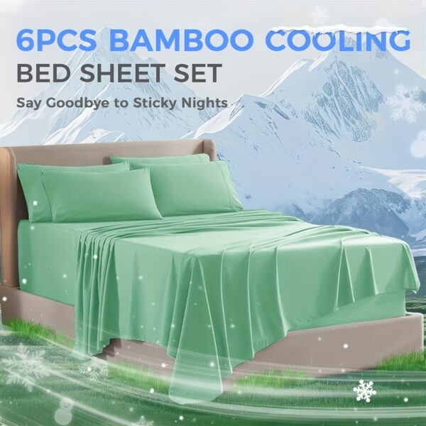 6pcs Bamboo Cooling Bed Sheet Set - 2000TC High Cooling Technology, Silky Soft All-Season Bedding with Deep Pocket Fitted Sheet, Flat Sheet & Pillowcases - Breathable Bamboo Fabric for Hot Sleepers, Deep Pocket Fits Mattresses Up to 18", Machine Washable, Ideal for Couples & Large Beds - Mint Green Color, Hypoallergenic & Moisture-Wicking, Ideal for Summer & Year-Round Use, Moisturewicking Sheets, Modern Bedroom Essentials, Allergysensitive Sleepers