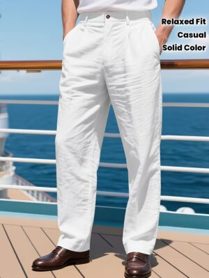 Men'S Casual Loose Linen Pants - Solid Color with Button Closure & Zipper, Pockets, Non-Stretch Fabric for Outdoor, Sports, All-Season Wear - Perfect for Beach & Leisure Activities, Leisure Pants | Relaxed Fit Pants | Button Zipper Closure