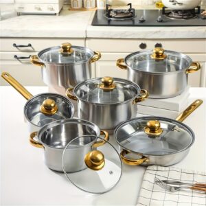 12pcs Stainless Steel Cookware Set, 410 Stainless Steel Pots and Pans Set with Stock Pot, Frying Pans, Saucepan, 6 Glass Lids, Works with Induction, Electric and Gas Cooktops, Kitchen Cookware Sets for Home