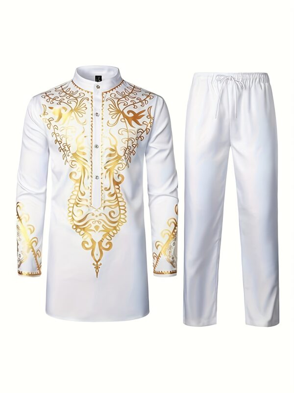 Men'S Suit - African Men'S Suit with Golden Pattern Top and Pants 2pcs Set