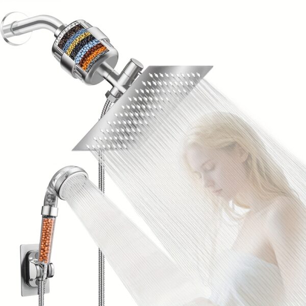 A Set of Stainless Steel 8-Inch High Flow Shower Head And Hose Combo, Featuring a Dual Handheld Shower Head with Filter, a 59-Inch Hose, a Three-Way Splitter with a Shower Bracket, Shower Accessories, And Two-Way Water Outflow at The Same Time, High-Quality, Clean, Modern, And Suitable for Halloween, Christmas, Valentine'S Day Bathroom Gifts.