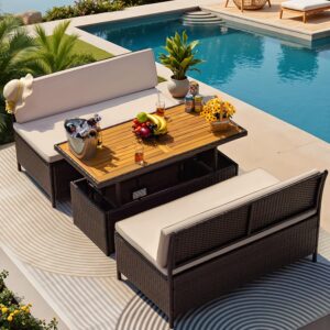 3pcs Patio Furniture Set Outdoor Dining Conversation With Rattan Chairs And Acacia Wood Table For Lawn Porch Garden