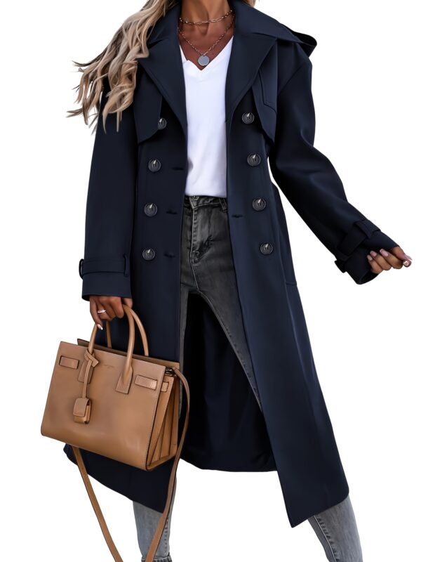 Women's Windproof Double Breasted Long Trench Coat - Classic Lapel Belted Overcoat with Pockets, Machine Washable Heavy-Duty Winter Coat for Casual & Professional Wear, Elegant Solid Color Design