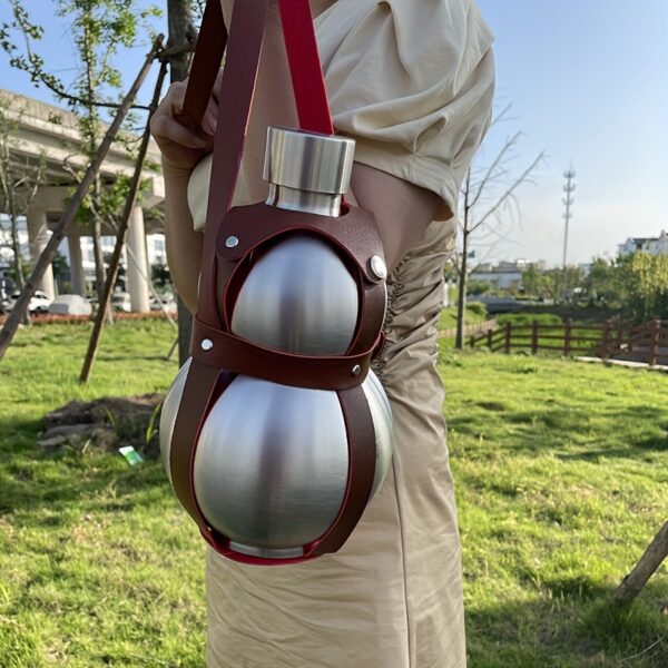 11453f8c-26bc-4f00-9660-f7c373d048e3.jpg 304 Stainless Steel Wine Flask with PU Leather Strap, Gourd Shaped Alcohol Bottle and Water Jug for Men's Hiking Home Travel Camping Accessories, 1500ml/50.73oz