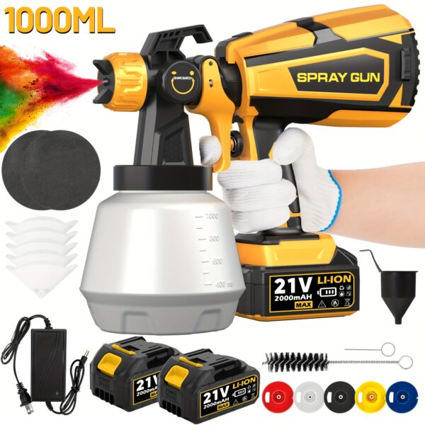 High Pressure Electric Airless HVLP Paint Sprayer with 2 Rechargeable Batteries, 33.81oz Container, Easy to Clean for House Painting Furniture Cabinets Walls Doors Car Repair DIY