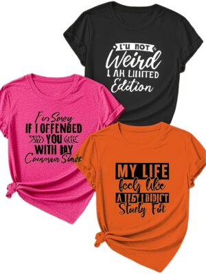 1162b45e78c46cfcf1200c73378ccc8d.jpg 3pcs Plus Size Womens Short Sleeve English Series I'm Not Weird I Am Limited Edition Printed Pattern Round Neck T-Shirt Sets Black & Pink & Orange Color For Summer Women'S Top Vacation Clothing Gifts For Ladies - Perfect Summer Wear