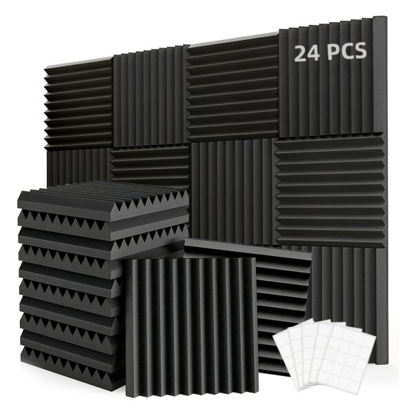 11851716-299b-4f6b-ae06-07fa34b43353.jpg 24 high-density black foam soundproof panels with free double-sided tape, 12x12x1 inch flame retardant acoustic soundproof wall panels, noise reduction, fast recovery, perfect for home offices, studios, conference rooms, music rooms and theaters