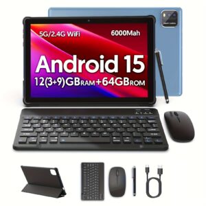 2025 Tablet Android 15 Tablets with 64GB ROM+(3+9)GB RAM, 1TB Expand 2in 1 10 Inch Tablet with Keyboard, Mouse, Case, Stylus, Pen, Powerful Quad-Core, 5G WiFi 6, 6000mAh, 2MP+8MP Dual Camera, 1280 * 800 FHD IPS Screen