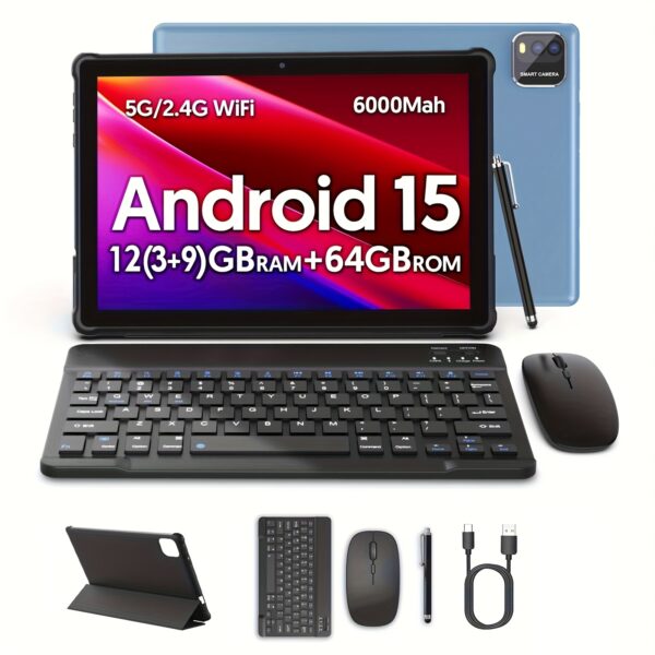 2025 Tablet Android 15 Tablets with 64GB ROM+(3+9)GB RAM, 1TB Expand 2in 1 10 Inch Tablet with Keyboard, Mouse, Case, Stylus, Pen, Powerful Quad-Core, 5G WiFi 6, 6000mAh, 2MP+8MP Dual Camera, 1280 * 800 FHD IPS Screen